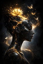 Kintsugi-vrouwensilhouet met gouden lotusbloem en vlinders van Faheem Beigh