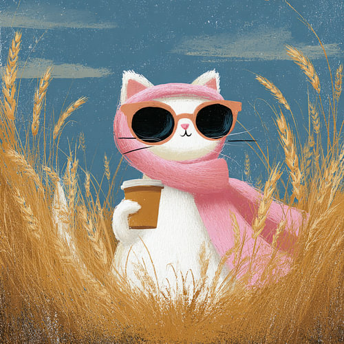 A cool cat with a coffee in a golden cornfield, somewhere between hygge, autumn and country-house charm