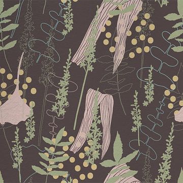 Blumen im Retro-Stil. Moderne abstrakte botanische Kunst in braun, rosa, grün, gelb von Dina Dankers