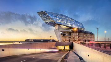 Antwerp Port House at twilight with underground parking entrance 1 by Tony Vingerhoets