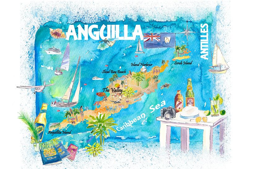 Anguilla Antilles Illustrated Caribbean Travel Map with Highlights of the West Indies Dream by Markus Bleichner