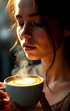woman with hot cup of cappuccino by Egon Zitter