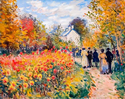 Group walking in autumn garden with flowers