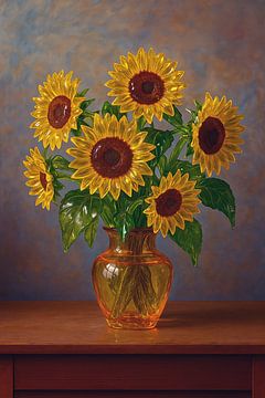 Zonnebloemen van glas in vaas kunstwerk. van Johannes