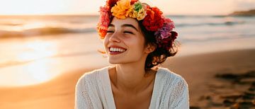 Lächelnde Frau mit Blumenkranz am Strand von Poster Art Shop
