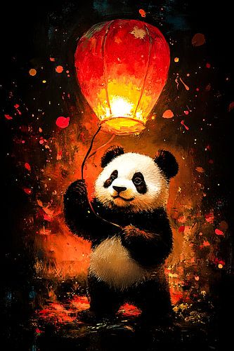 Schattige panda met rode lantaarn