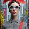 Portrait de mode surréaliste avec un serre-tête rouge et un fond urbain sur May
