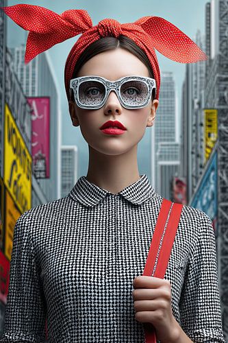 Portrait de mode surréaliste avec un serre-tête rouge et un fond urbain sur May