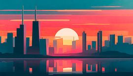 Retro stad met zonsondergang