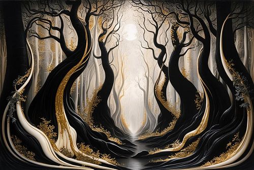 Mystiek bos met gouden bomen