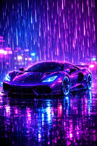 Luxe supersportwagens in een futuristisch neonstorm