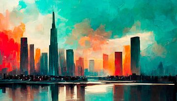 Stad met skyline in kunst van Mustafa Kurnaz