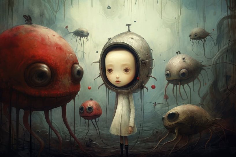 Paysage ou planète extraterrestre bizarre avec des monstres étranges et un être humain par Art Bizarre