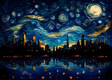 The Starry Night in New York - Vincent Van Gogh - Skyline Schilderij van AiArtLand