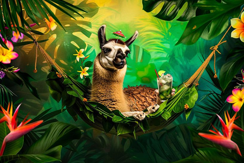 Entspanntes Lama in tropischer Hängematte von Art & Soul Creations