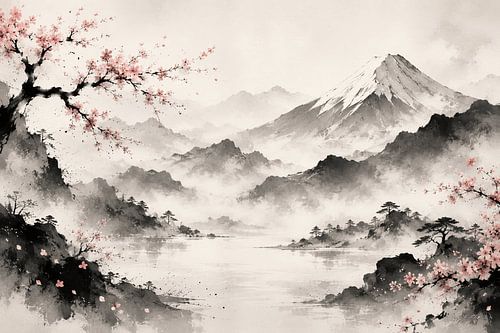 Rêve de fleurs de cerisier dans la brume du Fuji