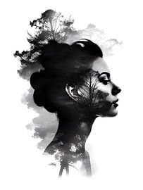 Woman, portrait, double exposure with trees by Jan Bechtum