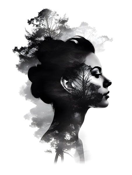 Woman, portrait, double exposure with trees by Jan Bechtum