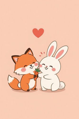 Cartoon fox gives rabbit carrot