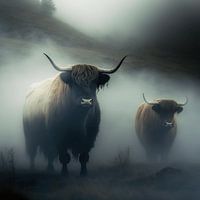 Bovins des Highlands dans le brouillard