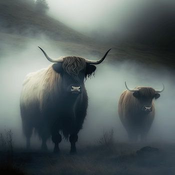 Hooglanders in de mist