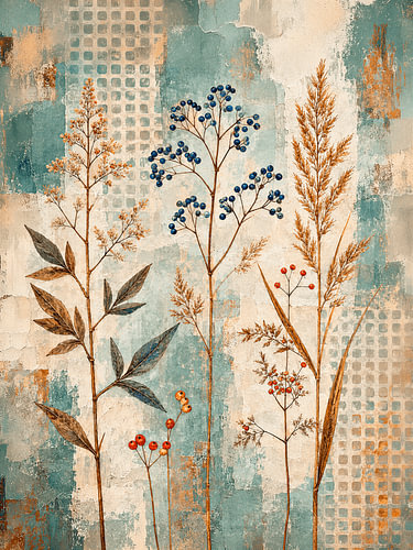 Botanisch Mixed Media Stilleven in Teal, Turkoois  en Goud
