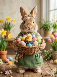 Adorable lapin de Pâques avec un panier rempli d'œufs