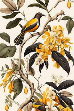 Gele bloemen en vogels van Digitale Schilderijen