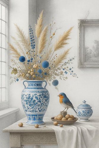 Delfts Blauwe Vaas met Bloemen en Roodborstje
