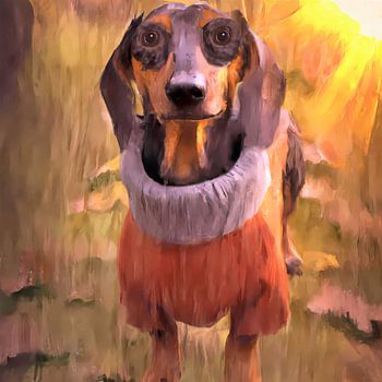 Portrait impressionniste d'un gentil teckel avec un pull à charbon dans une lumière chaude