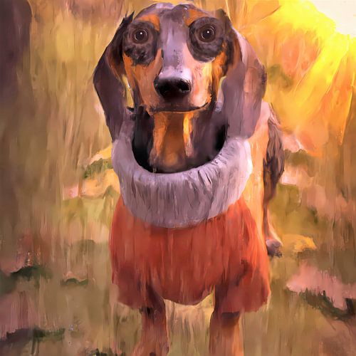 Impressionistisches Porträt eines süßen Dackels mit einem Kohlenpulli in warmem Licht