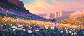 Prairie en fleurs dans la chaude lumière du soir sur Poster Art Shop