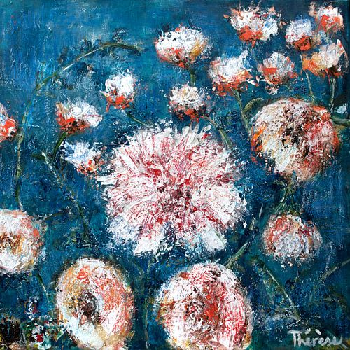 Flower painting with blue background.