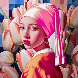 Modern meisje met de parel II Johannes Vermeer tulpen van René van den Berg