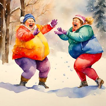 2 dames aan het sneeuwballen gooien van De gezellige Dames
