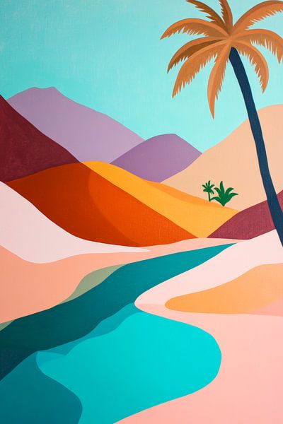 Desert landscape with palm trees and watercourse by Poster Art Shop