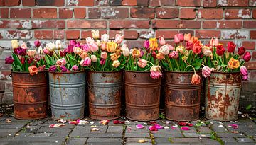 Tulpen in roestige vaten... van Ans Bastiaanssen