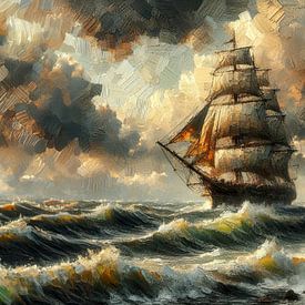 Groot zeilschip in de storm in olieverf schilderij van John van den Heuvel