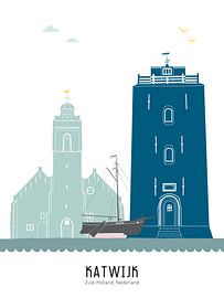 Skyline illustration city of Katwijk in colour by Mevrouw Emmer