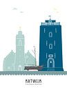 Skyline illustration city of Katwijk in colour by Mevrouw Emmer thumbnail