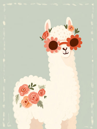 Coole Alpaka mit Blumen-Sonnenbrille – Boho-Kinderzimmerbild