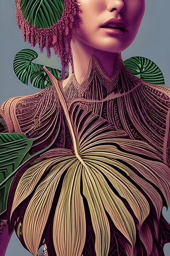 Vrouw in Monstera Deliciosa-bladeren