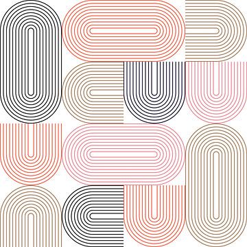 Retro industriële geometrie met lijnen in pastelkleuren nr. 1 in zwart, roze, rood, goud van Dina Dankers