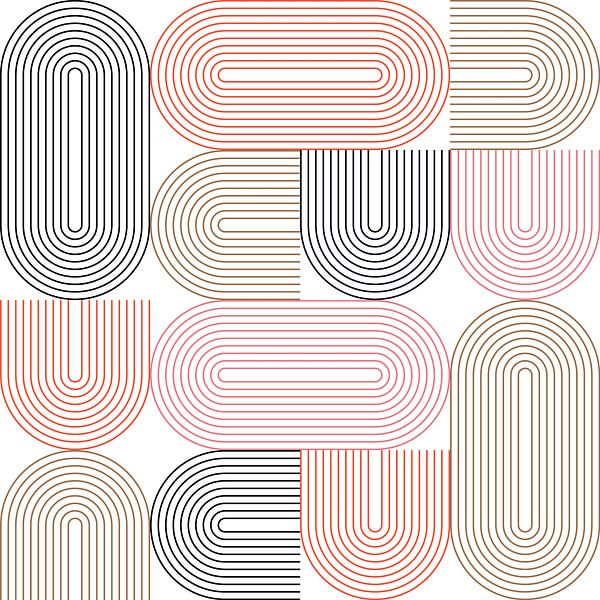 Retro-Industriegeometrie mit Linien in Pastellfarben Nr. 1 in Schwarz, Rosa, Rot, Gold von Dina Dankers