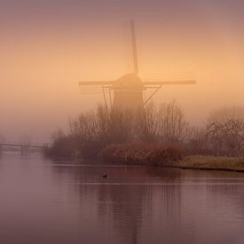 Moulin de Kinderdijk dans le brouillard sur Mark Bolijn