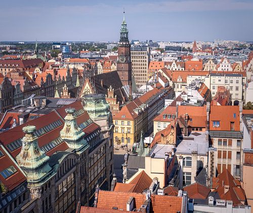 De skyline van Wrocław gezien vanaf de Boetelingenbrug bij de  Sint-Mariakerk, P