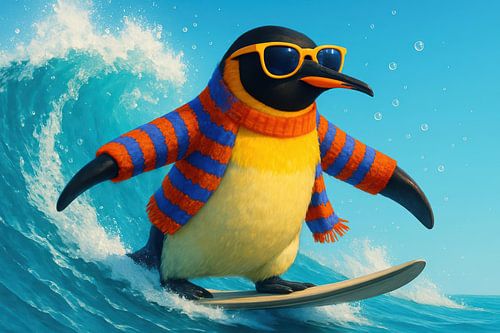 Surfende pinguïn met zonnebril