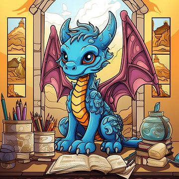 Blue Dragon in a Library by Art Lovers