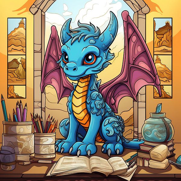 Dragon Bleu dans une Bibliothèque par Art Lovers