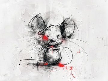 Expressieve abstracte muis tekening – moderne street art in zwart en rood van Peter Pen tekeningen en schilderijen